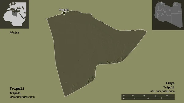 的黎波里的形状 利比亚的地区 以及首都 距离刻度 预览和标签 彩色高程图 3D渲染 — 图库照片