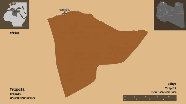 的黎波里的形状 利比亚的地区 以及首都 距离刻度 预览和标签 图形纹理的组成 3D渲染 — 图库照片