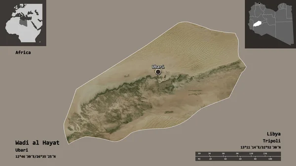 ワディ ハヤットの形 リビアの地区 およびその首都 距離スケール プレビューおよびラベル 衛星画像 3Dレンダリング — ストック写真