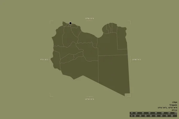 リビアの地域は 洗練された境界ボックス内の強固な背景に隔離されています 主な地域部門 距離スケール ラベル 色の標高マップ 3Dレンダリング — ストック写真