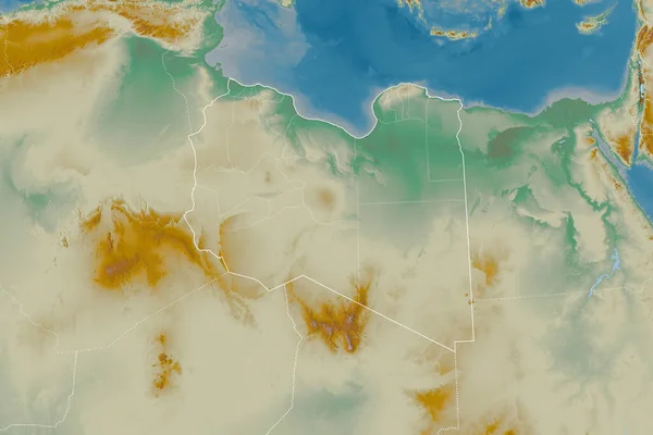 利比亚幅员辽阔 有国家概况 国际和区域边界 地形浮雕图 3D渲染 — 图库照片