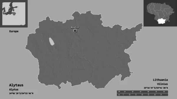 立陶宛Alytaus县及其首府的形状 距离刻度 预览和标签 Bilevel高程图 3D渲染 — 图库照片