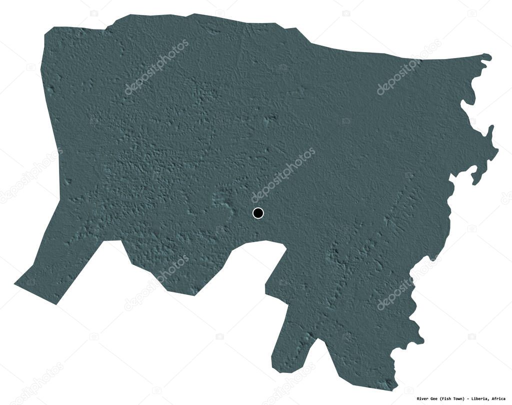 Shape of River Gee, county of Liberia, with its capital isolated on white background. Colored elevation map. 3D rendering