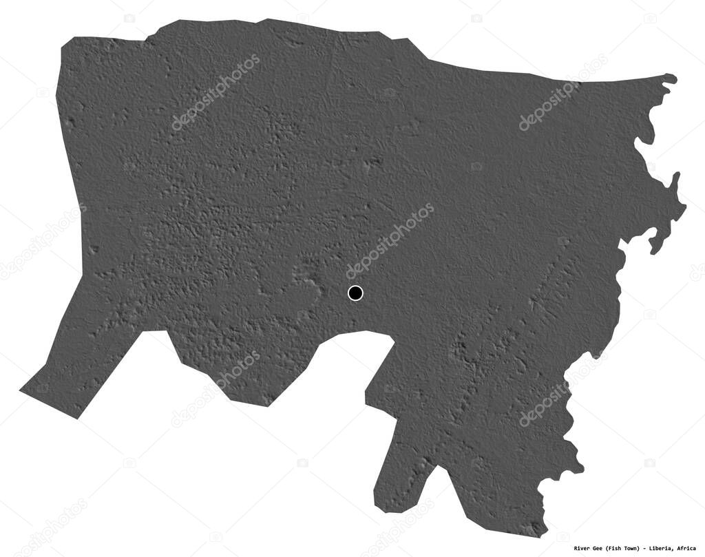 Shape of River Gee, county of Liberia, with its capital isolated on white background. Bilevel elevation map. 3D rendering