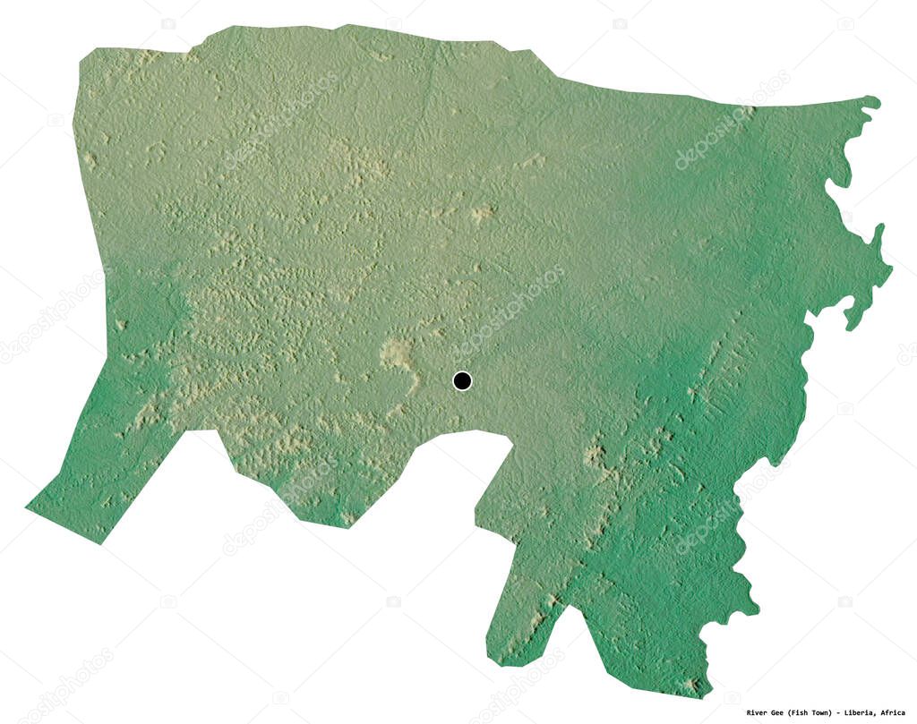 Shape of River Gee, county of Liberia, with its capital isolated on white background. Topographic relief map. 3D rendering