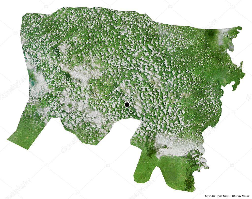 Shape of River Gee, county of Liberia, with its capital isolated on white background. Satellite imagery. 3D rendering