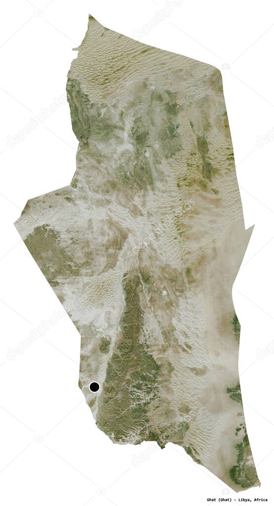 Shape of Ghat, district of Libya, with its capital isolated on white background. Satellite imagery. 3D rendering