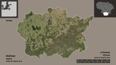 Litvanya 'nın Alytaus ilçesi ve başkenti. Uzaklık ölçeği, ön gösterimler ve etiketler. Uydu görüntüleri. 3B görüntüleme
