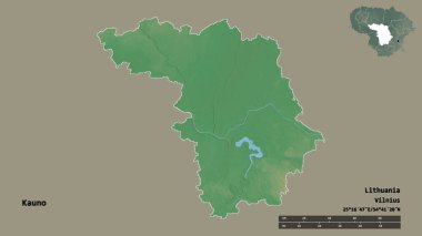 Litvanya 'nın Kauno ilçesi, başkenti sağlam bir zemin ile izole edilmiştir. Uzaklık ölçeği, bölge önizlemesi ve etiketleri. Topografik yardım haritası. 3B görüntüleme