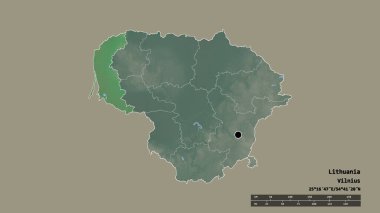 Başkenti, ana bölgesel bölümü ve ayrılmış Klaipedo bölgesi ile Litvanya 'nın dejenere edilmiş şekli. Etiketler. Topografik yardım haritası. 3B görüntüleme
