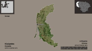 Litvanya 'nın Klaipedos ilçesi ve başkenti. Uzaklık ölçeği, ön gösterimler ve etiketler. Uydu görüntüleri. 3B görüntüleme