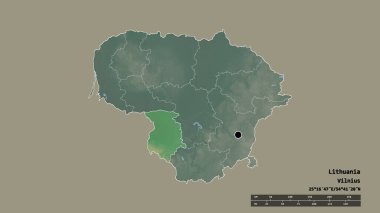 Başkenti, ana bölgesel bölümü ve ayrı Marijampoles bölgesi ile Litvanya 'nın dejenere edilmiş şekli. Etiketler. Topografik yardım haritası. 3B görüntüleme