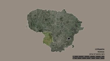 Başkenti, ana bölgesel bölümü ve ayrı Marijampoles bölgesi ile Litvanya 'nın dejenere edilmiş şekli. Etiketler. Uydu görüntüleri. 3B görüntüleme