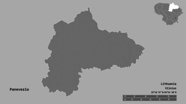 Litvanya 'nın Panevezio ilçesi, başkenti sağlam arka planda izole edilmiştir. Uzaklık ölçeği, bölge önizlemesi ve etiketleri. Çift seviyeli yükseklik haritası. 3B görüntüleme