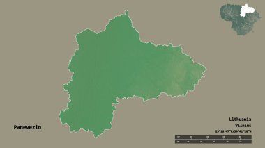 Litvanya 'nın Panevezio ilçesi, başkenti sağlam arka planda izole edilmiştir. Uzaklık ölçeği, bölge önizlemesi ve etiketleri. Topografik yardım haritası. 3B görüntüleme