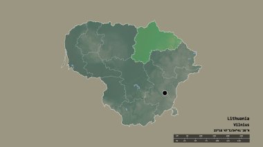 Başkenti, ana bölgesel bölümü ve ayrılmış Panevezio bölgesi ile Litvanya 'nın dejenere edilmiş şekli. Etiketler. Topografik yardım haritası. 3B görüntüleme