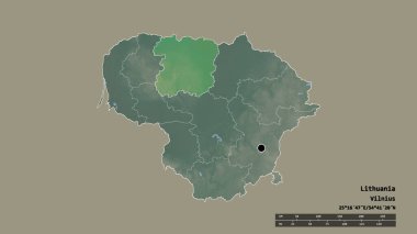 Başkenti, ana bölgesel bölümü ve ayrılmış Siauliai bölgesi ile Litvanya 'nın dejenere edilmiş şekli. Etiketler. Topografik yardım haritası. 3B görüntüleme