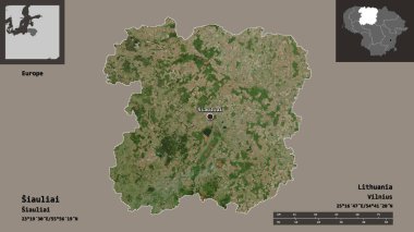 Litvanya 'nın Siauliai ilçesi ve başkenti. Uzaklık ölçeği, ön gösterimler ve etiketler. Uydu görüntüleri. 3B görüntüleme
