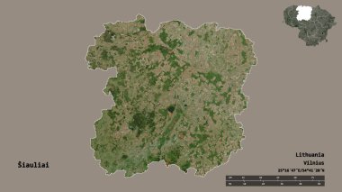 Litvanya 'nın Siauliai ilçesi, başkenti sağlam arka planda izole edilmiştir. Uzaklık ölçeği, bölge önizlemesi ve etiketleri. Uydu görüntüleri. 3B görüntüleme