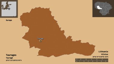 Taurages Şekli, Litvanya Bölgesi ve başkenti. Uzaklık ölçeği, ön gösterimler ve etiketler. Desenli dokuların bileşimi. 3B görüntüleme