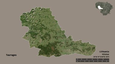 Litvanya 'nın Taurages ilçesi, başkenti sağlam arka planda izole edilmiş. Uzaklık ölçeği, bölge önizlemesi ve etiketleri. Uydu görüntüleri. 3B görüntüleme