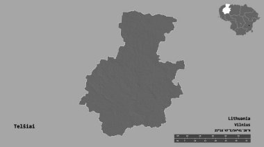 Litvanya 'nın Telsiai ilçesi, başkenti sağlam arka planda izole edilmiştir. Uzaklık ölçeği, bölge önizlemesi ve etiketleri. Çift seviyeli yükseklik haritası. 3B görüntüleme