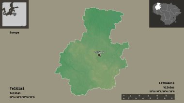 Litvanya 'nın Telsiai ilçesi ve başkenti. Uzaklık ölçeği, ön gösterimler ve etiketler. Topografik yardım haritası. 3B görüntüleme