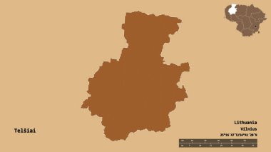 Litvanya 'nın Telsiai ilçesi, başkenti sağlam arka planda izole edilmiştir. Uzaklık ölçeği, bölge önizlemesi ve etiketleri. Desenli dokuların bileşimi. 3B görüntüleme