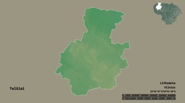 Litvanya 'nın Telsiai ilçesi, başkenti sağlam arka planda izole edilmiştir. Uzaklık ölçeği, bölge önizlemesi ve etiketleri. Topografik yardım haritası. 3B görüntüleme