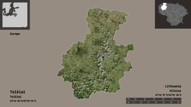 Litvanya 'nın Telsiai ilçesi ve başkenti. Uzaklık ölçeği, ön gösterimler ve etiketler. Uydu görüntüleri. 3B görüntüleme