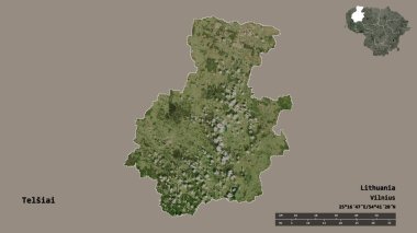 Litvanya 'nın Telsiai ilçesi, başkenti sağlam arka planda izole edilmiştir. Uzaklık ölçeği, bölge önizlemesi ve etiketleri. Uydu görüntüleri. 3B görüntüleme