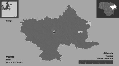 Utenos 'un şekli, Litvanya vilayeti ve başkenti. Uzaklık ölçeği, ön gösterimler ve etiketler. Çift seviyeli yükseklik haritası. 3B görüntüleme