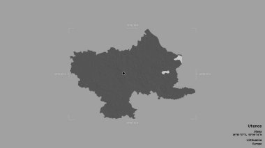 Litvanya 'nın Utenos ilçesi, jeoreferatlı bir sınır kutusunda sağlam bir arka planda izole edilmiş. Etiketler. Çift seviyeli yükseklik haritası. 3B görüntüleme