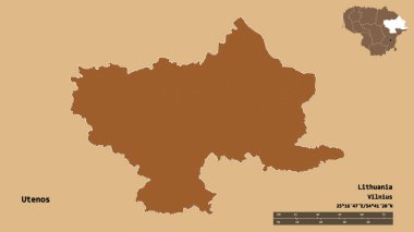 Litvanya 'nın Utenos ilçesi, başkenti sağlam bir zemin üzerinde izole edilmiştir. Uzaklık ölçeği, bölge önizlemesi ve etiketleri. Desenli dokuların bileşimi. 3B görüntüleme