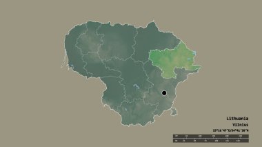 Başkenti, ana bölgesel bölümü ve ayrılmış Utenos bölgesiyle Litvanya 'nın dejenere edilmiş şekli. Etiketler. Topografik yardım haritası. 3B görüntüleme