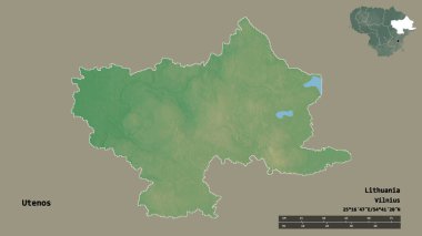 Litvanya 'nın Utenos ilçesi, başkenti sağlam bir zemin üzerinde izole edilmiştir. Uzaklık ölçeği, bölge önizlemesi ve etiketleri. Topografik yardım haritası. 3B görüntüleme