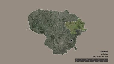 Başkenti, ana bölgesel bölümü ve ayrılmış Utenos bölgesiyle Litvanya 'nın dejenere edilmiş şekli. Etiketler. Uydu görüntüleri. 3B görüntüleme