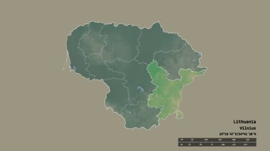 Başkenti, ana bölgesel bölümü ve ayrılmış Vilniaus bölgesi ile Litvanya 'nın dejenere edilmiş şekli. Etiketler. Topografik yardım haritası. 3B görüntüleme