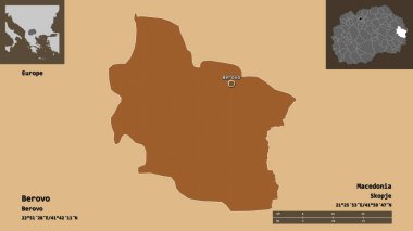 Makedonya Belediyesi Berovo ve başkenti. Uzaklık ölçeği, ön gösterimler ve etiketler. Düzenli desenli dokuların bileşimi. 3B görüntüleme