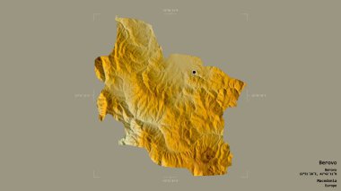Makedonya 'nın Berovo belediyesi, jeoreferatlı bir sınır kutusunda sağlam bir zemin üzerinde izole edilmiş durumda. Etiketler. Topografik yardım haritası. 3B görüntüleme