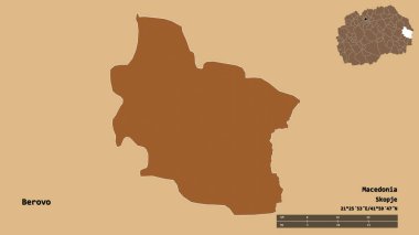 Makedonya 'nın Berovo belediyesi, başkenti sağlam bir zemin üzerinde izole edilmiş durumda. Uzaklık ölçeği, bölge önizlemesi ve etiketleri. Düzenli desenli dokuların bileşimi. 3B görüntüleme