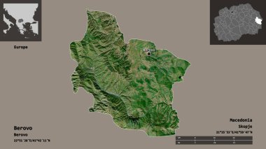 Makedonya Belediyesi Berovo ve başkenti. Uzaklık ölçeği, ön gösterimler ve etiketler. Uydu görüntüleri. 3B görüntüleme