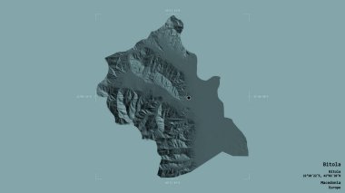 Makedonya 'nın Bitola belediyesi, jeoreferatlı bir sınır kutusunda sağlam bir zemin üzerinde izole edilmiş durumda. Etiketler. Renkli yükseklik haritası. 3B görüntüleme