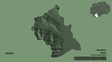 Makedonya 'nın Bitola belediyesi, başkenti sağlam bir zemin üzerinde izole edilmiş durumda. Uzaklık ölçeği, bölge önizlemesi ve etiketleri. Renkli yükseklik haritası. 3B görüntüleme