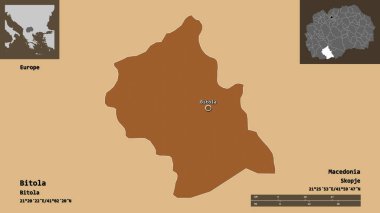 Bitola 'nın şekli, Makedonya belediyesi ve başkenti. Uzaklık ölçeği, ön gösterimler ve etiketler. Düzenli desenli dokuların bileşimi. 3B görüntüleme