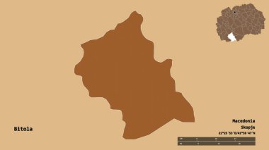 Makedonya 'nın Bitola belediyesi, başkenti sağlam bir zemin üzerinde izole edilmiş durumda. Uzaklık ölçeği, bölge önizlemesi ve etiketleri. Düzenli desenli dokuların bileşimi. 3B görüntüleme