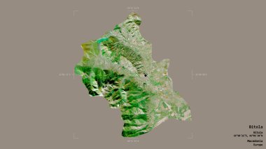 Makedonya 'nın Bitola belediyesi, jeoreferatlı bir sınır kutusunda sağlam bir zemin üzerinde izole edilmiş durumda. Etiketler. Uydu görüntüleri. 3B görüntüleme