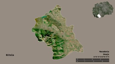 Makedonya 'nın Bitola belediyesi, başkenti sağlam bir zemin üzerinde izole edilmiş durumda. Uzaklık ölçeği, bölge önizlemesi ve etiketleri. Uydu görüntüleri. 3B görüntüleme