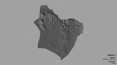 Makedonya 'nın Bogdanci belediyesi bölgesi, jeoreferatlı bir sınır kutusunda sağlam bir zemin üzerinde izole edilmiş durumda. Etiketler. Çift seviyeli yükseklik haritası. 3B görüntüleme