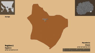 Makedonya 'nın Bogdanci belediyesi ve başkenti. Uzaklık ölçeği, ön gösterimler ve etiketler. Düzenli desenli dokuların bileşimi. 3B görüntüleme